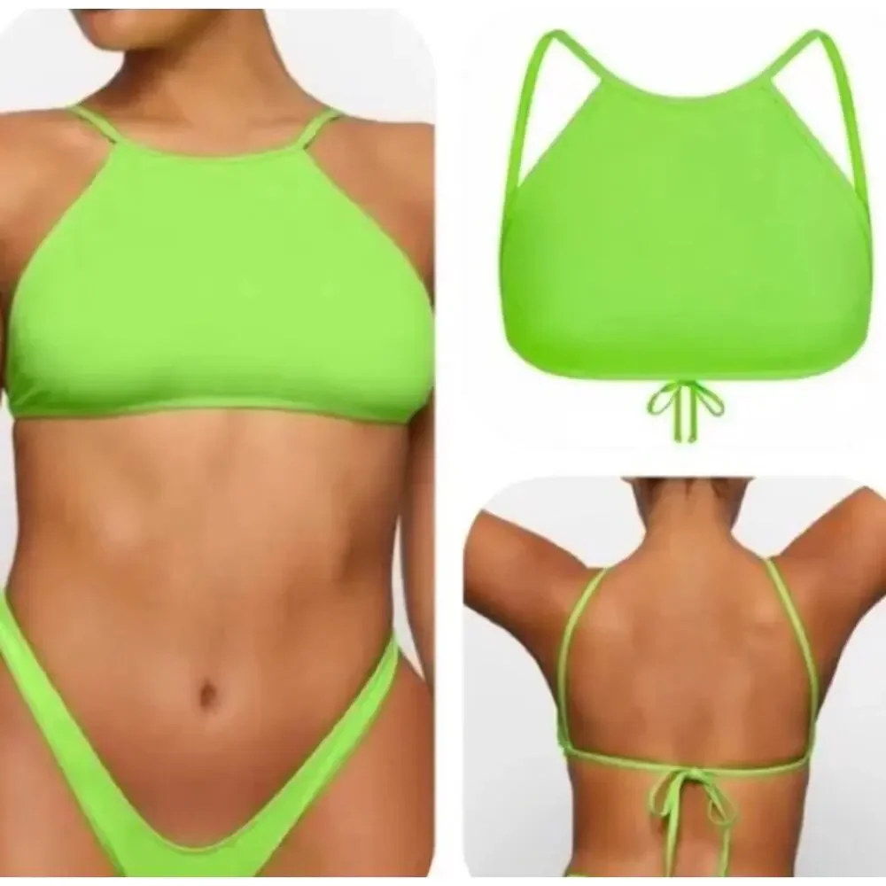 NWOT SKIMS Signature Swim High Neck Bikini Top in Neon Green Size XS
